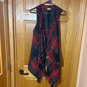 Red and Black Plaid Fringe Vest